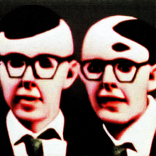 Image similar to image of gilbert and george being possessed by the ghost of alan turing, chromatic aberration, noise, butcher billy style