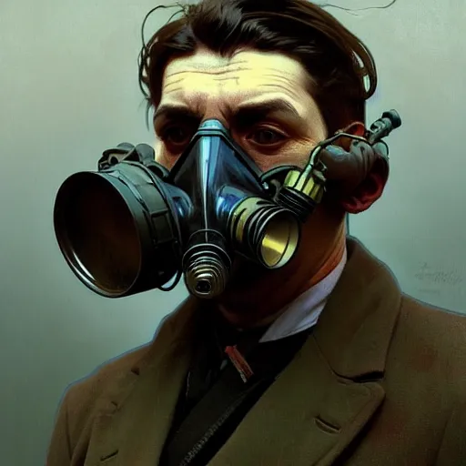 Image similar to portrait of a vicotrian man in suit wearing a gas mask by darek zabrocki, alphonse mucha, simon stalenhag and cinematic and atmospheric, concept art, artstation, trending on artstation