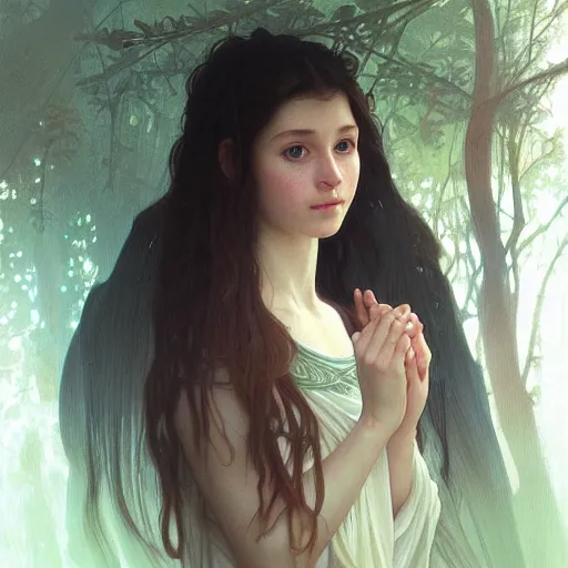 Image similar to painting of a mystic young girl in the forest, intricate, elegant, highly detailed, digital painting, artstation, concept art, smooth, sharp focus, illustration, art by artgerm and greg rutkowski and alphonse mucha and william - adolphe bouguereau