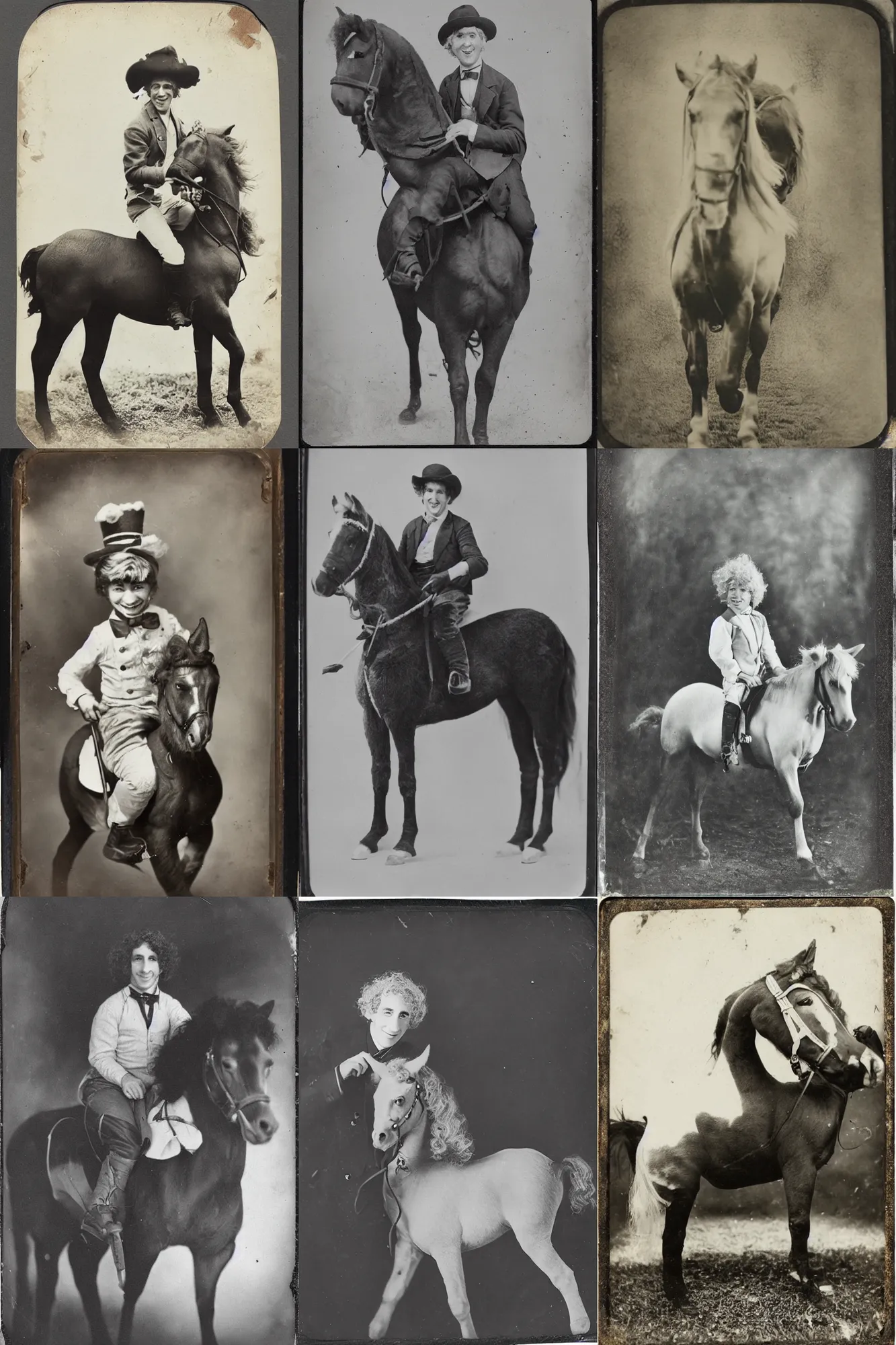 Prompt: an old tintype photograph of Harpo Marx riding a little pony