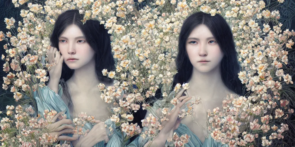 Image similar to breathtaking detailed concept art painting portrait of the goddess of nemophila flowers, orthodox saint, with anxious piercing eyes, ornate background, amalgamation of leaves and flowers, by hsiao - ron cheng, extremely moody lighting, 8 k