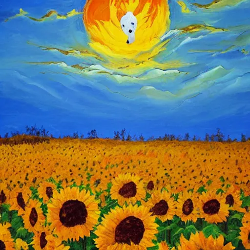 Prompt: Impasto painting of a polar bear in a field of sunflowers over a sunset, ayahuasca