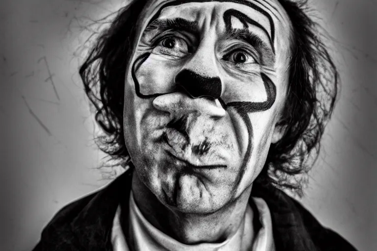 Image similar to putin as a clean-shaven homeless clown with a very sad face. head shot portrait. black and white 35mm photograph.