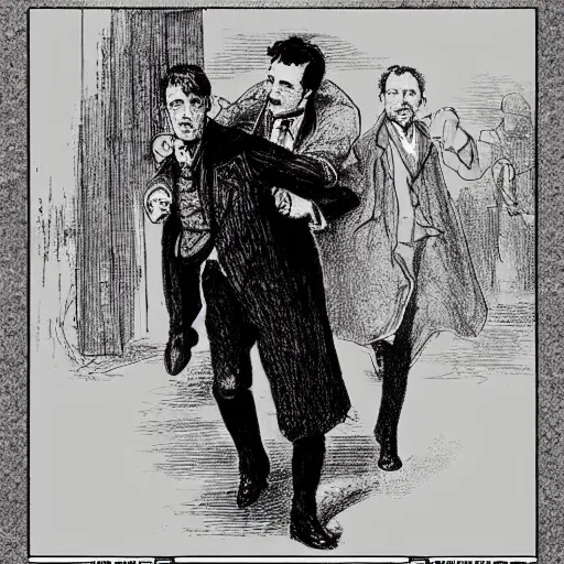 Image similar to Sherlock Holmes carrying Dr Watson on his back, in the style of Sidney Paget