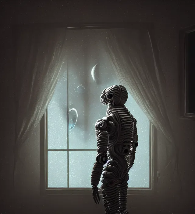 Image similar to a nightmare humanoid monster alien standing in front of a window, intricate spacesuit, moon light through the window, volumetric lighting, hyperealistic, 4 k, inspired by stephen king, inspired by lovecraft, inspired by jeffrey smith