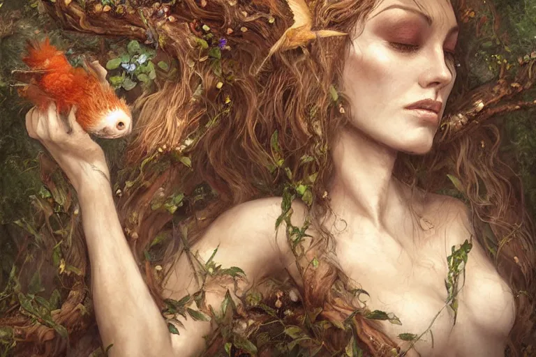 Image similar to portrait character design painting, dryad musician inspired by brian froud, portrait, accompanied by a cute feathered mouse, studio lighting by jessica rossier and brian froud and gaston bussiere