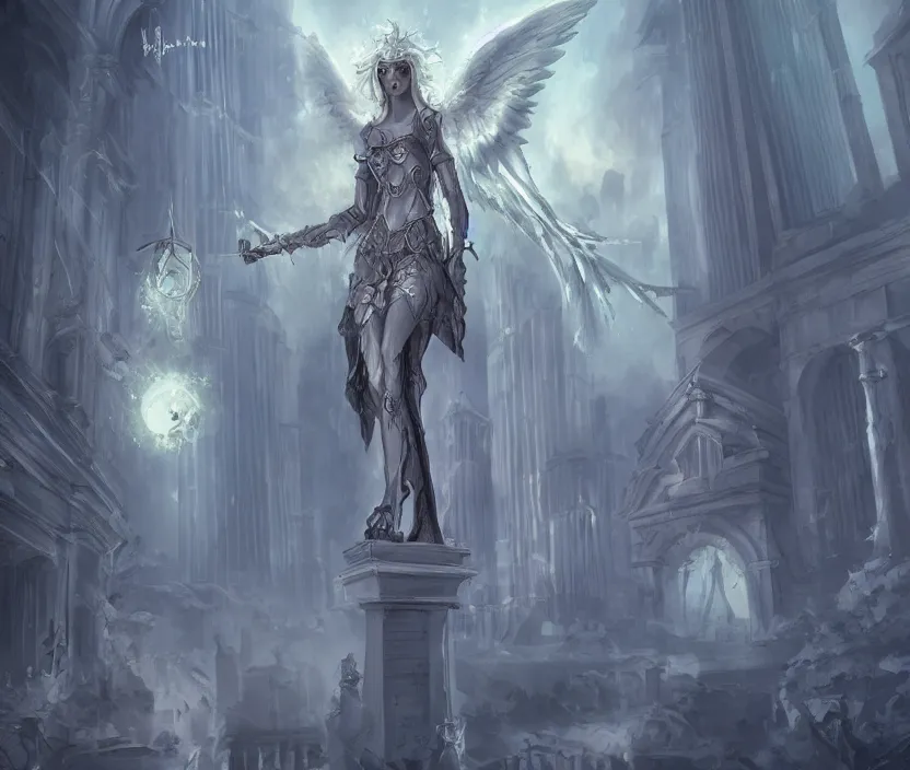 Prompt: Angel knight gothic girl on Neoclassical city. By William-Adolphe Bouguerea, Jordan grimmer, fractal flame. Highly_detailded