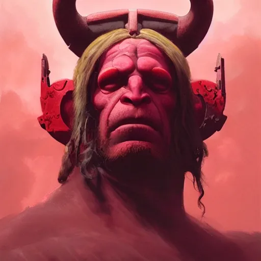 Prompt: breathtaking soft painting of hellboy in a bloody sky, realistic symmetrical face features, rembrandt style, elegant, highly detailed, artstation, concept art, matte, sharp focus, art by tom bagshaw, and greg rutkowski