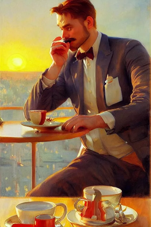 Prompt: attractive man drinking coffee, sunset, painting by carl larsson, vladimir volegov, j. c. leyendecker, tom of finland, trending on artstation
