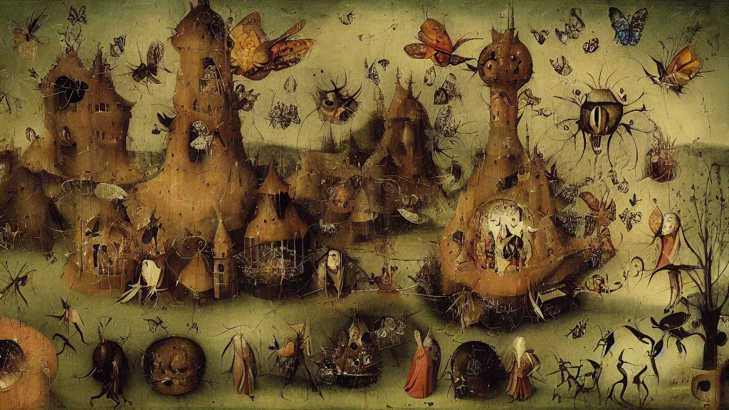 Prompt: wizard holding a cage, with a swarm of butterflies fluttering out, digital 2d fantasy art painted by Hieronymus Bosch