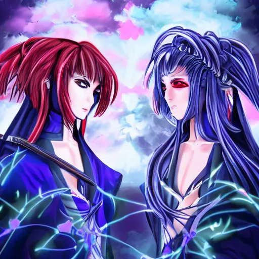 Prompt: two identical gorgeous female mages facing off, highly detailed anime art