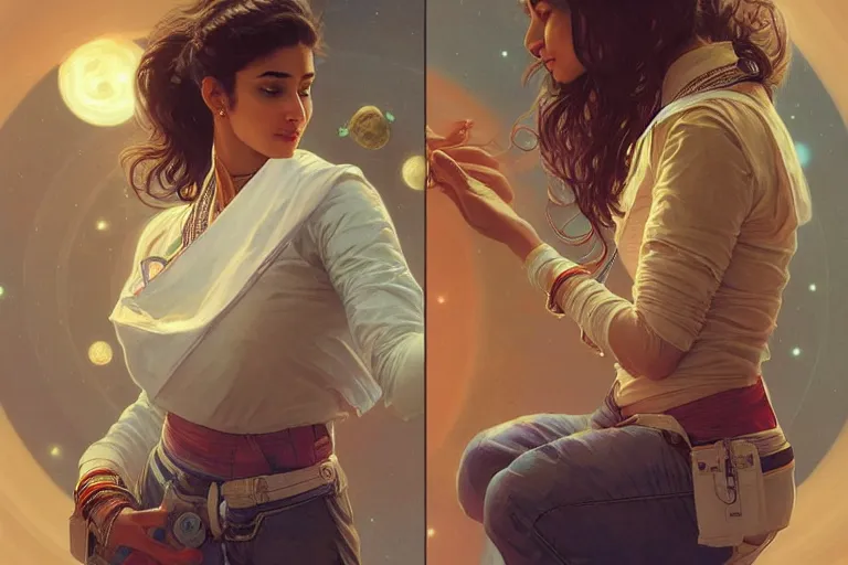 Image similar to Sensual good looking pale young Indian doctors wearing jeans in a space station above Earth, portrait, elegant, intricate, digital painting, artstation, concept art, smooth, sharp focus, illustration, art by artgerm and greg rutkowski and alphonse mucha