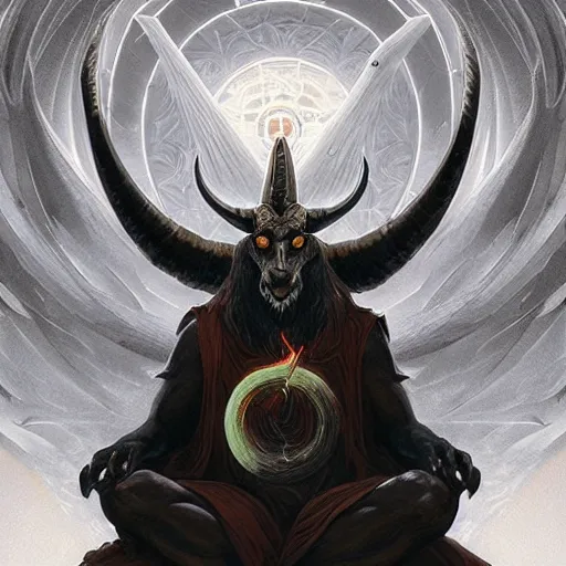 Image similar to Baphomet sitting in front of a portal to the infinite . Highly detailed painting Greg rutkowski. Good clear quality, high detail, octagon render 8k