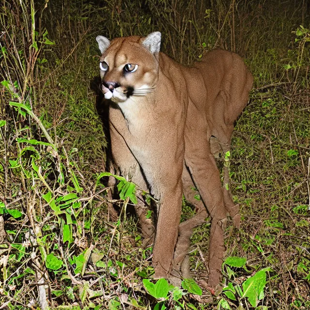 Prompt: cougar in forest at night, night vision goggles, shot from the ground up, grainy