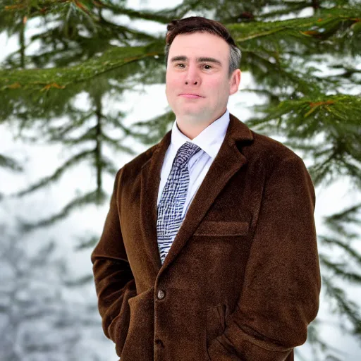 Prompt: Photo of White chubby clean-shaven man wearing a chocolate brown overcoat and necktie is resting under a giant evergreen tree; calm, afternoon, clear sky, windy