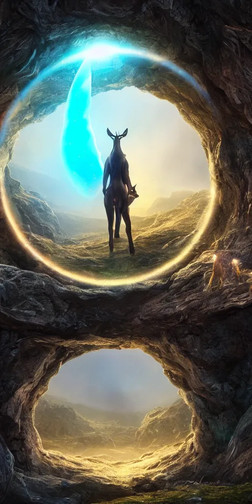 Image similar to a deer standing in front of a giant portal into the universe in the shape of a keyhole to the dimension of prisms, beautiful matte painting by weta workshop 4 k, cinematic dramatic atmosphere, dramatic lighting, trending on artstation