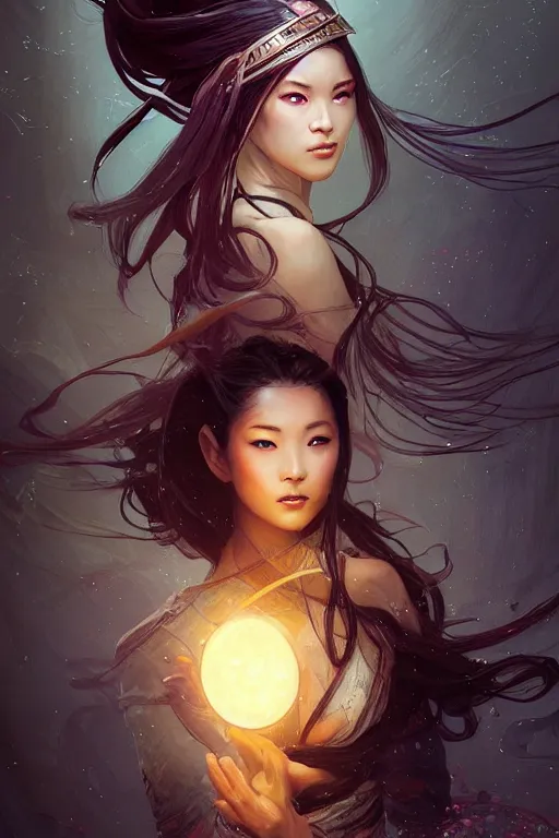 Prompt: beautiful female Ninja, mystery and gorgerous and stunning portrait+shiny eyes+light flowing hair, in mudra and firefly night ruin tokyo temple, ultradetail face, art and illustration by tian zi and craig mullins and WLOP and alphonse mucha, dynamic light, ssci-fi, fantasy, intricate complexity, human structure, fantasy world concept, watermark, blurry, hyperrealism 8k