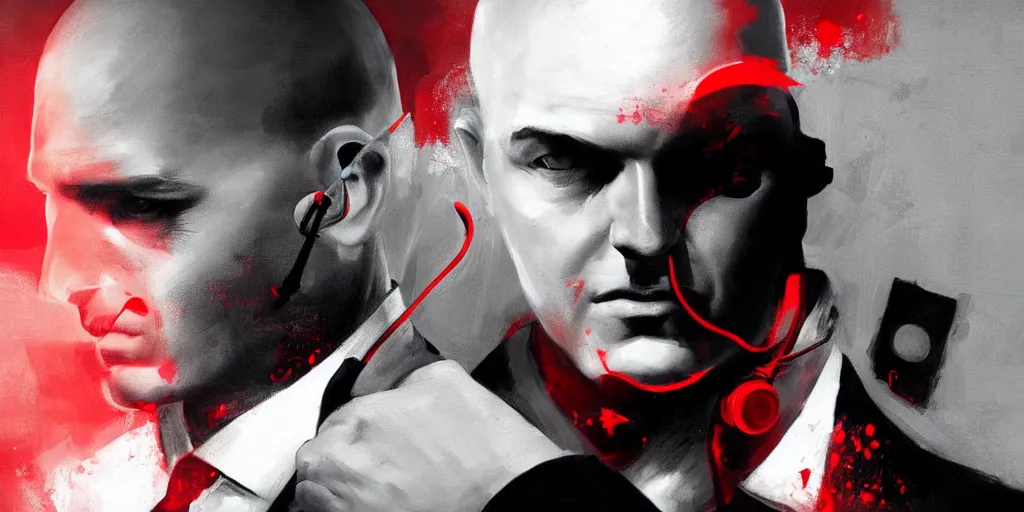 Prompt: a portrait of agent 4 7 from hitman wearing headphones listening to music, dark background, red rim light, smooth, sharp focus, art by ali kiani amin