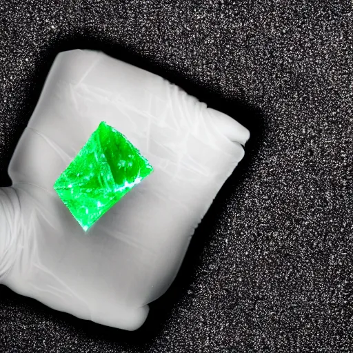 Image similar to a glowing shard of kryptonite held in an open black - gloved hand, black background