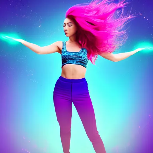 Image similar to a award winning full body shot of a beautiful woman in a croptop with a ombre purple pink teal hairstyle with head in motion and hair flying, outrun, vaporware, vivid colors, highly detailed, fine detail, intricate
