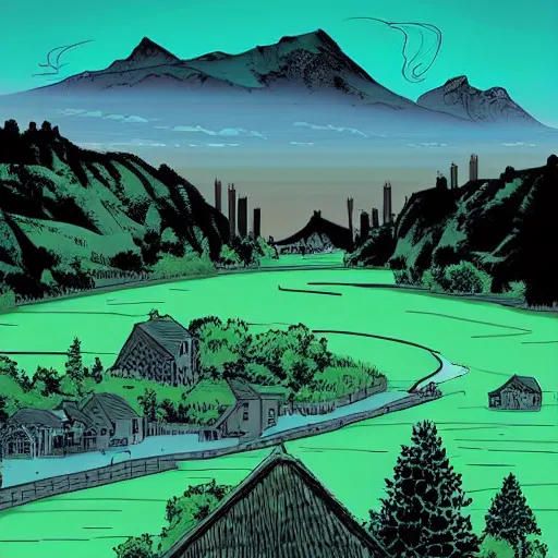 Image similar to dull by warren ellis. the computer art is of a small village with a river running through it. in the distance, there are mountains. the sky is clear & the sun is shining.