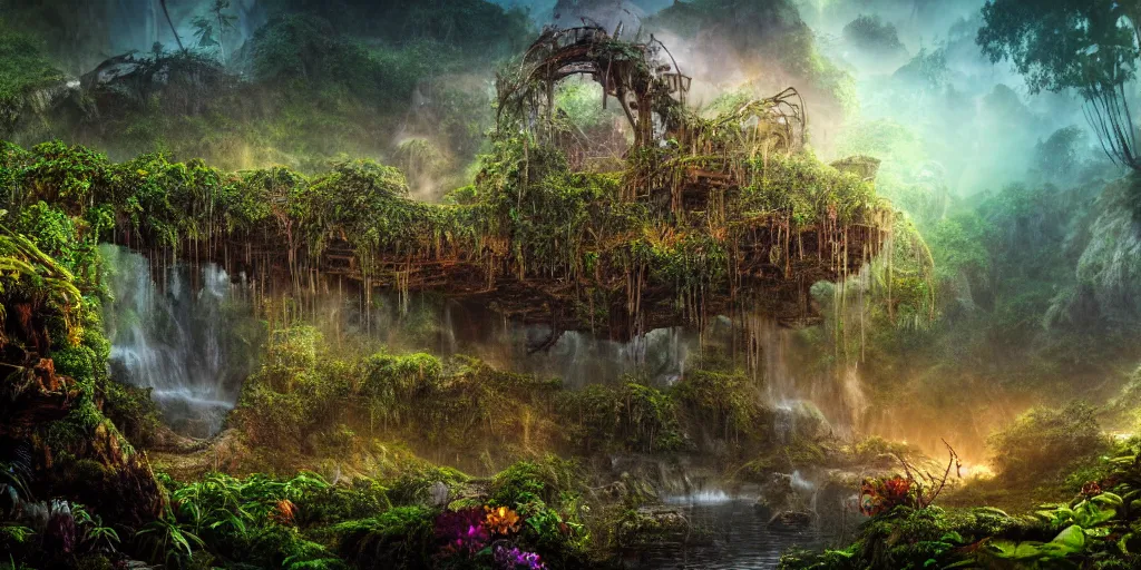 Image similar to a rusty ethereal ghost shipwreck in a prehistoric jungle, lush flora, waterfall, towering mountains, flowers, vines, sunset, hazy, volumetric lighting, rtx on, washed out colors, an award winning digital render, beautiful, stunning, ultradetailed, great composition