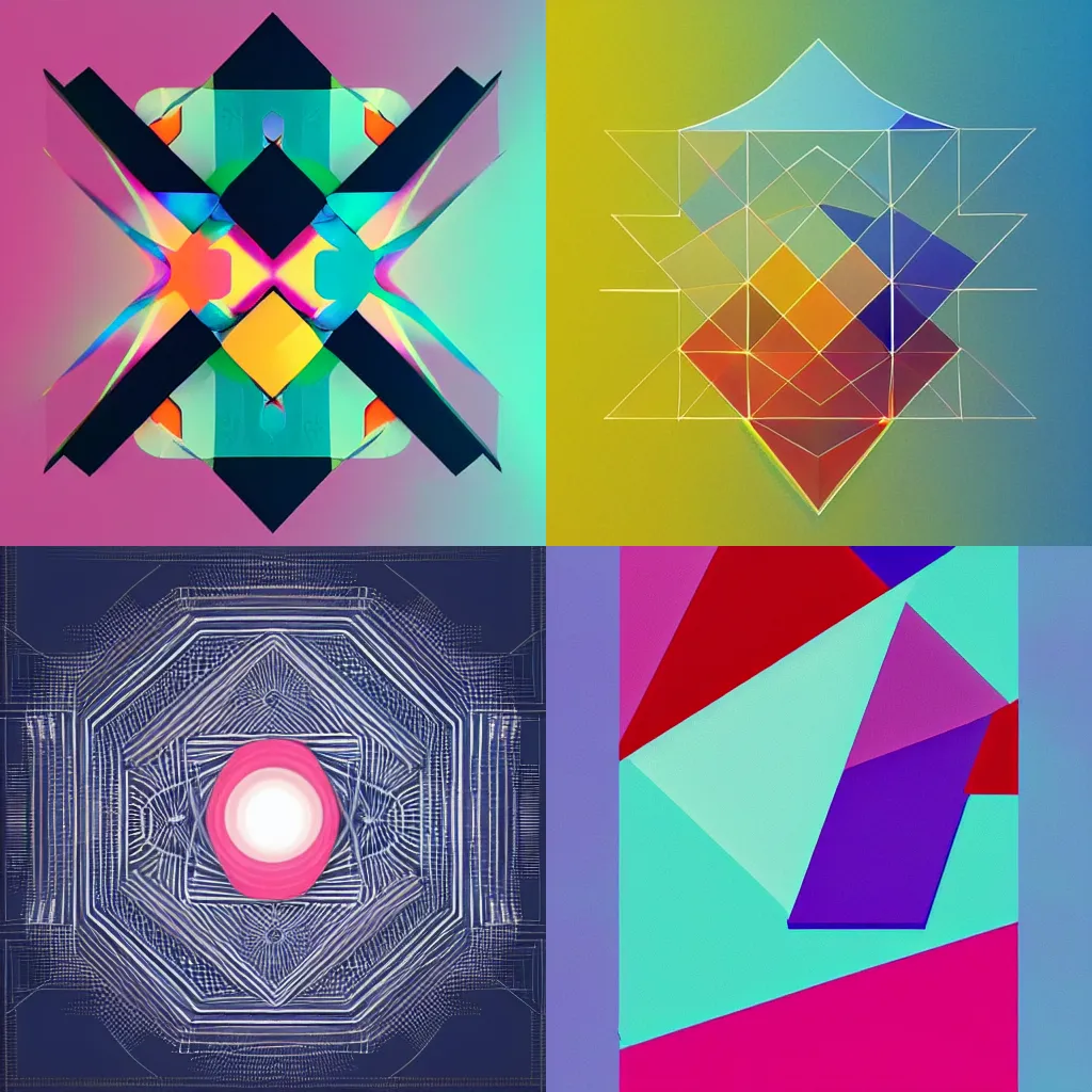 Prompt: an abstract character made out of simple geometric shapes. Trending on artstation, digital art , iridescent gradients