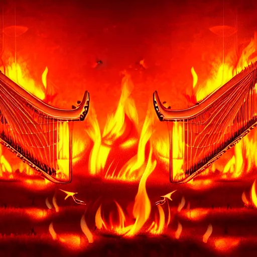 Image similar to in the lower part of the picture is the harp burning in the fire, above are cranes flying in flames, digital painting, concept art