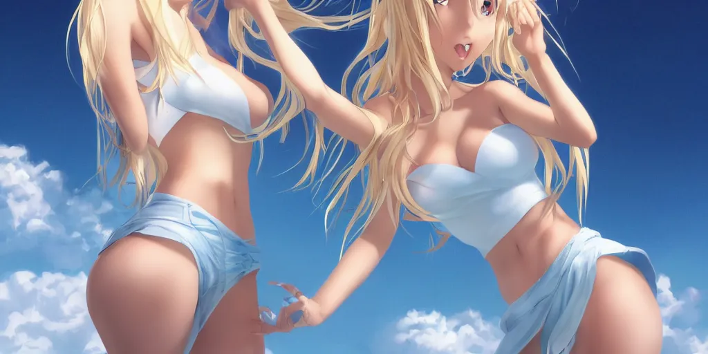 Image similar to tiny father a tall daughter picture : a very beautiful young blond anime girl, sky blue eyes, bikini, white miniskirt, highly detailed, cinematic wallpaper by stanley artgerm lau
