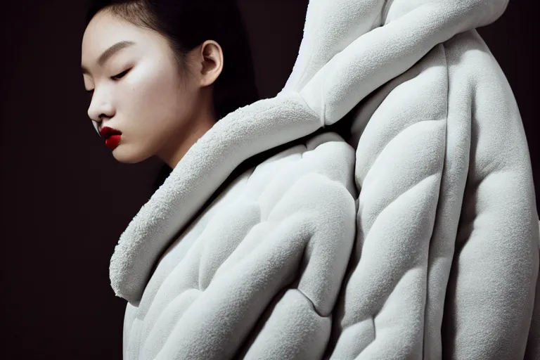 Image similar to well lit fashion shoot portrait of extremely beautiful female marble statue wearing huge over size puffer jacket by dingyun zhang, yeezy, balenciaga, vetements, a cold wall, sharp focus, clear, detailed,, cinematic, detailed, off white, glamourous, symmetrical, vogue, editorial, fashion, magazine shoot, glossy