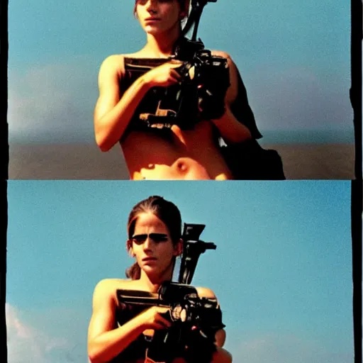 Image similar to film still, extreme far view, emma watson vietnam door gunner, film still from apocalypse now ( 1 9 7 9 ), 2 6 mm, kodak ektachrome, blue tint expired film,