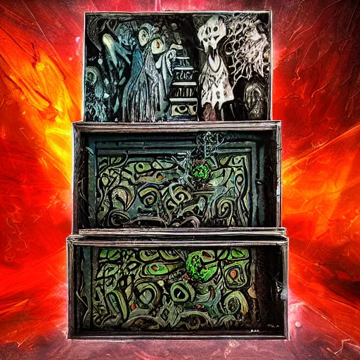 Image similar to haunted ornate ancient sinsister-looking box of ghosts| very detailed and colorful |beautiful eerie surreal psychedelic