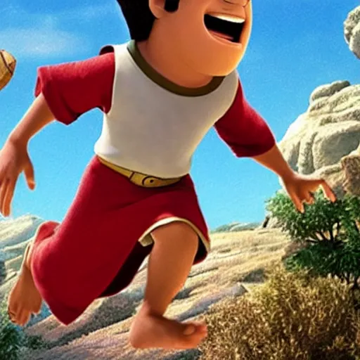 Image similar to 17 year old middle eastern skinned boy with reddish complexion in Biblical clothing as seen in Disney Pixar's Up (2009)