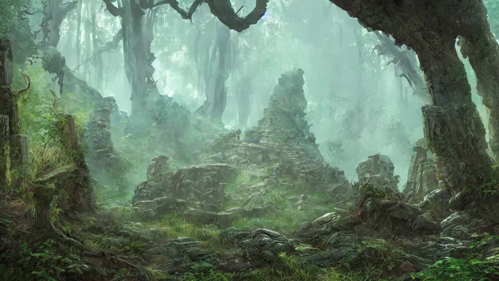 Prompt: Ancient alien ruins in the middle of an overgrown forest, dreamscape, dramatic lighting, fantasy art illustration, trending on artstation, Aetherpunk