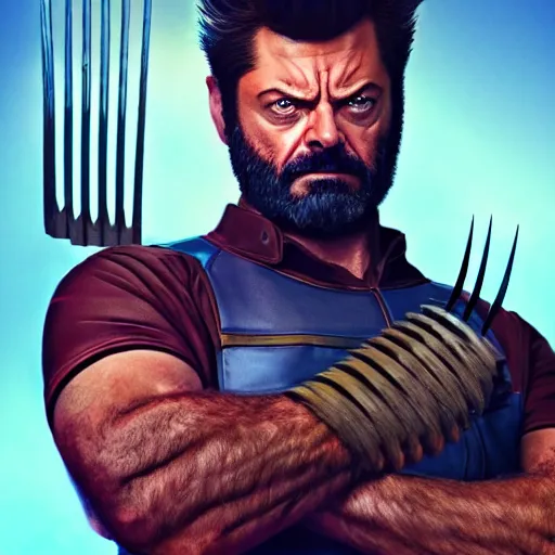 Prompt: logan wolverine pictured as nick offerman, x - men marvel movie still, imdb, detailed, 8 k, poster photosession style, deviantart and artstation top picks