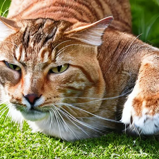 Prompt: big tabby cat with white paws biting a carrot