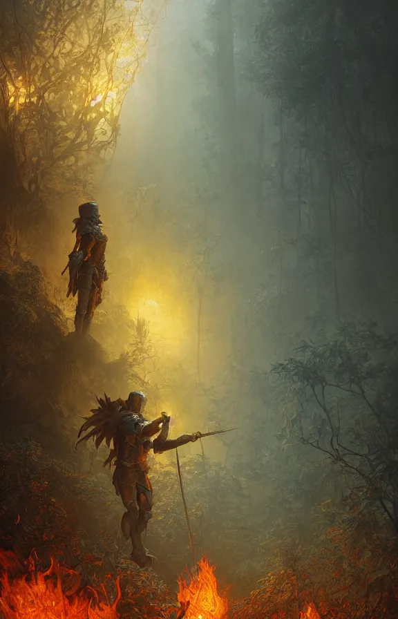 Prompt: a knight among flowers in dark forest surrounded by fire and smoke, moody, rim light, dynamic lighting, cinematic shot, gritty, ultra - detail, renderman, physically based render, jean delville, gustave dore and marco mazzoni