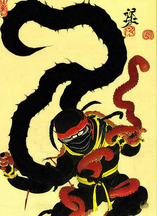 Image similar to mortal kombat's scorpion as a yokai illustrated by kawanabe kyosai and toriyama sekien