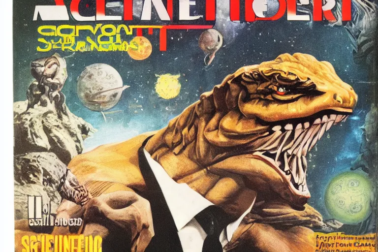 Image similar to 1 9 7 9 science fiction monthly cover depicting great dragon in a suit as a news anchor talking head. perfectly symmetrical face, highly detailed, masterpiece.