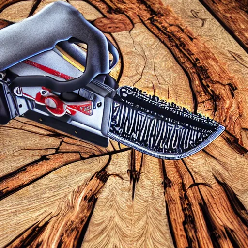 Image similar to photorealistic chainsaw cutting wood. hyperdetailed photorealism, 1 0 8 megapixels, amazing depth, high resolution, 3 d shading, 3 d finalrender, 3 d cinematic lighting, glowing rich colors, psychedelic overtones, artstation concept art.