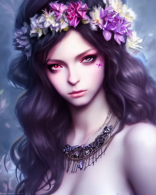 Image similar to dark angel surrounded by dark flowers and diamonds, very detailed, realistic face, detailed face, matte, tonemapping, bbwchan, perfection, 4 k, cushart krenz