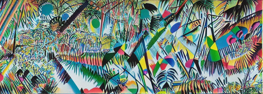 Image similar to party in jungles, author zima blue, very elongated lines, wasily kandinsky, malevich, pop art, color splashes, grain