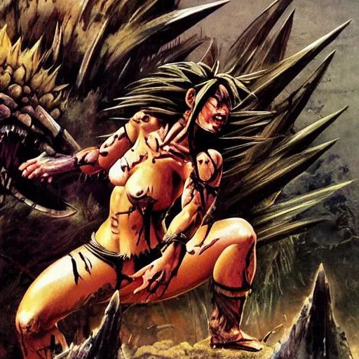 Image similar to Savage battlescarred Saiyan warrior girl, cavewoman, wild spiky black electrified hair, pelt, torn clothing, savage cloak, scars of battle, bloody, electrical aura, scimitar, primeval fantasy, prehistoric fantasy, goblins attacking, 1980s pulp fantasy, art by Frank Frazetta and Boris Vallejo