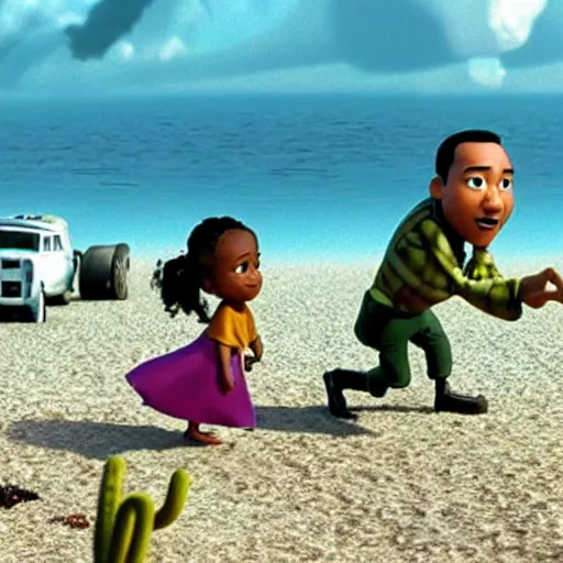 Image similar to still from a pixar movie, martin luther king jr shipwrecked on a desert island