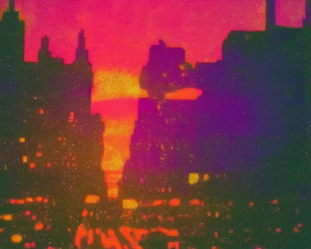 Prompt: sci - fi city, violet and yellow sunset, polaroid photo, whimsical and psychedelic, 1 9 6 0 s, grainy, expired film, glitched