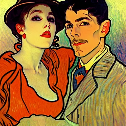 Prompt: painting of handsome young beautiful jeff and gorgeous rina together at the jack o'lantern halloween party, elegant, soft features, delicate facial features, clear, painting, stylized, art, art by alphonse mucha, vincent van gogh, egon schiele,