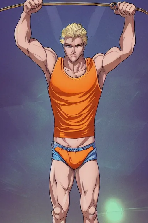 Image similar to a handsome man with blonde hair who is also a male android, ken, muscular, wearing a cut-off white tank top and short light orange shorts, stands by a swimming pool, facing forward, in the style of artgerm and moebius and annie liebovitz, photorealistic, highly detailed