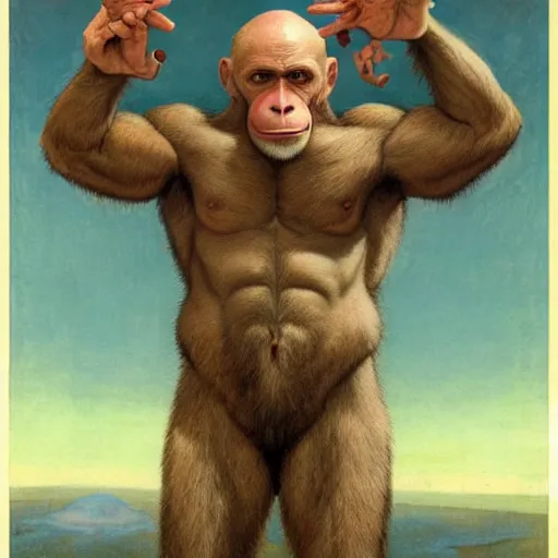 Image similar to a powerful psychic joe rogan ape emitting psychic powers, by gerald brom, nazi propaganda