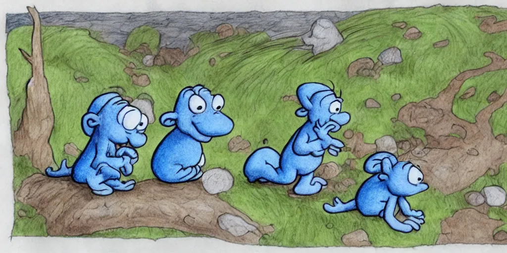 Image similar to smurfs found in snails with a sunrise and road landscape with lynxes and teeth in pen drawing style and pencil color