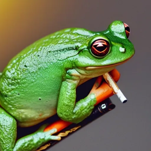 Image similar to a high detail closeup shot of a frog wearing a suit 👔,and smoking a cigarrette🚬